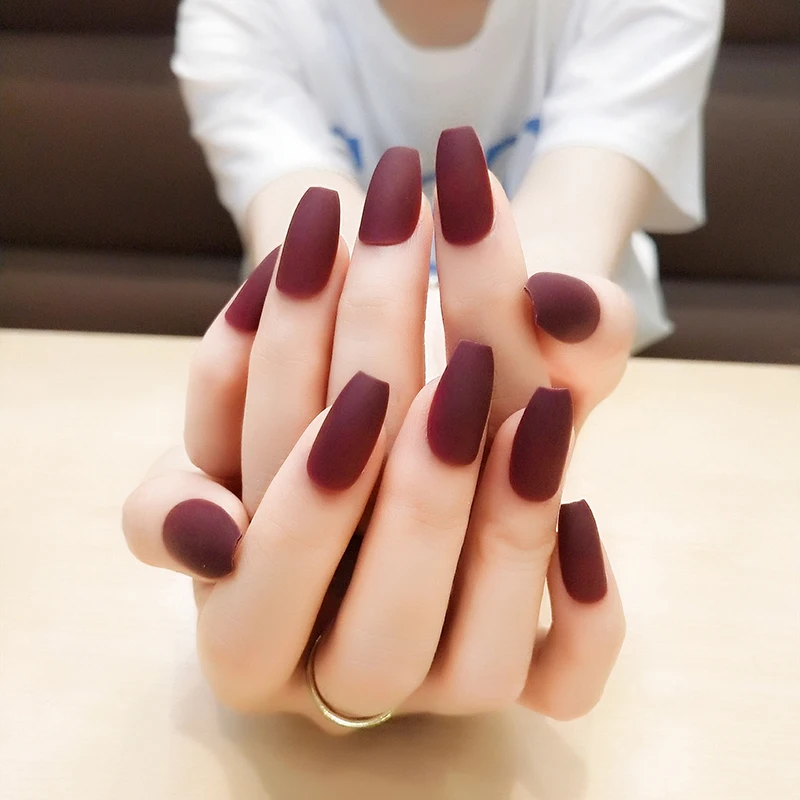 

24Pcs Matte Burgundy Coffin False Nails Gray Pure Blue Black Nude Purple Full Nail Tips Pink Ballerinas Red Fake Nail