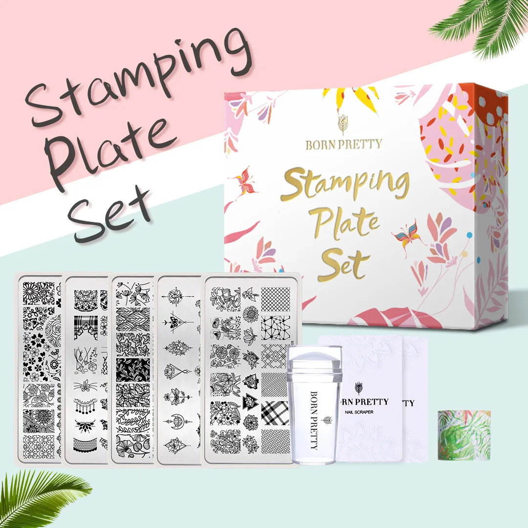

BORN PRETTY 9PCS Nail Stamping Plates Set Spring Stamping Plate Kit Wth Stamper Scraper Flower Plant Pattern Nail Art Polish