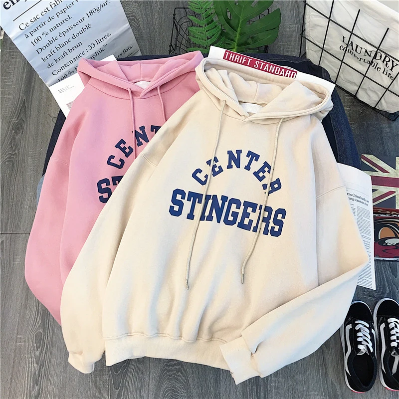 Zuolunouba High Street Knit Hooded Letter Lady Fleece Pullovers Ins Style Add Velvet Thick Sweater Women Autumn Winter Clothes