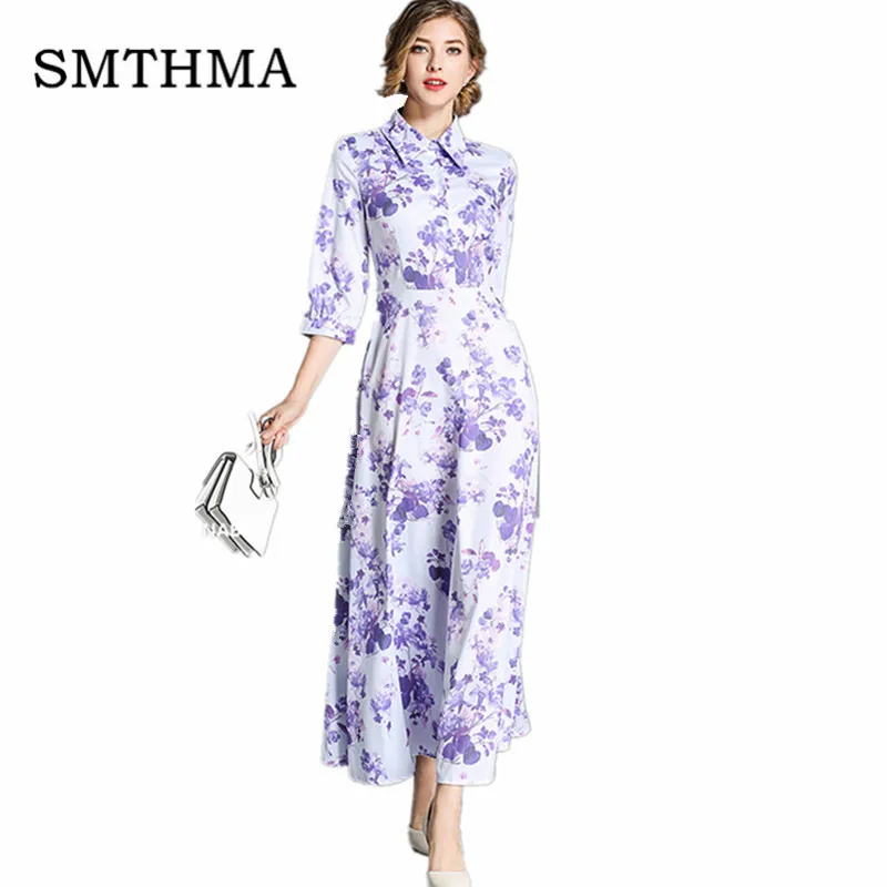 

2019 Autumn And Winter High quality Designer Runway Maxi Dress Women's printing Pleated Long Dress