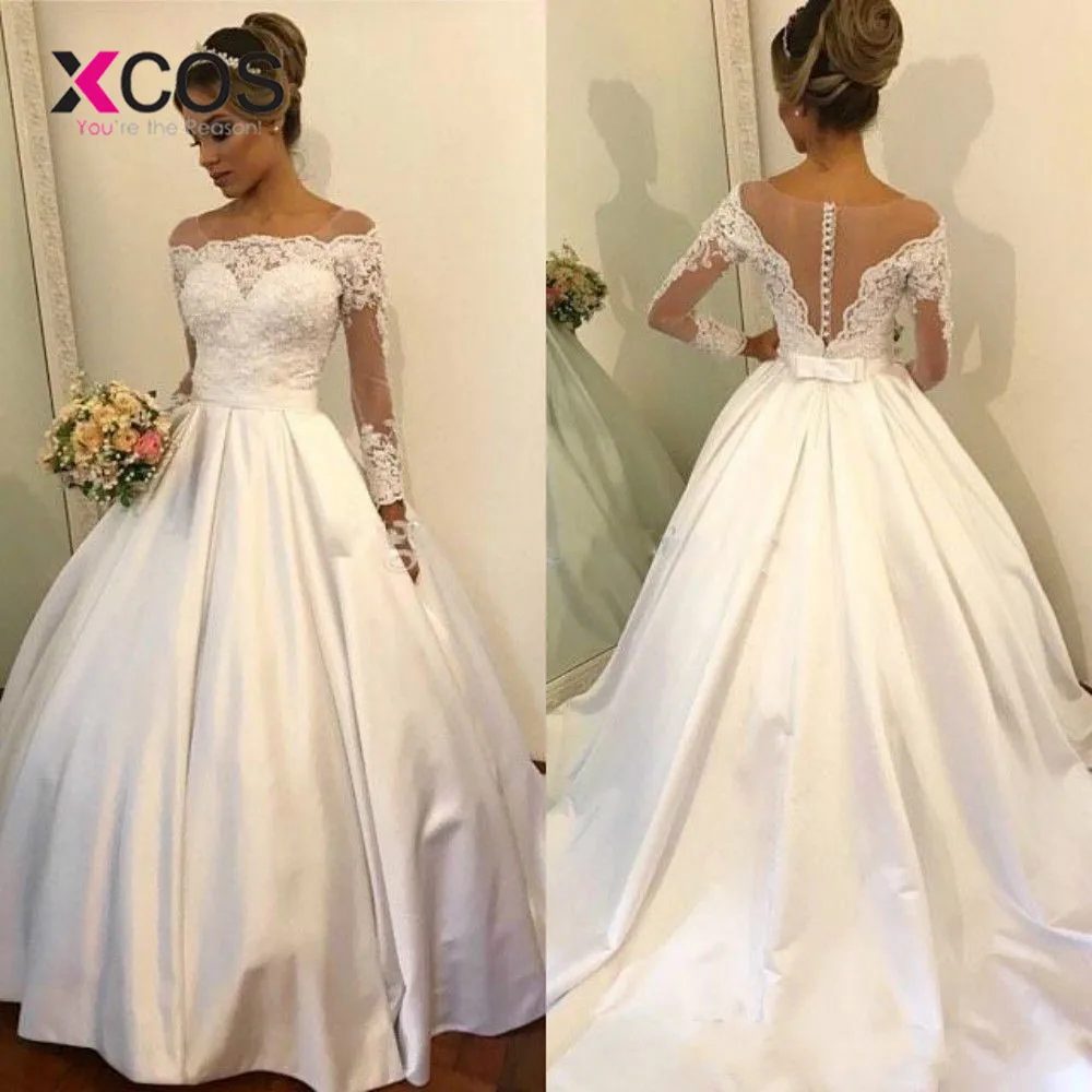 

XCOS Vestidos De Noiva 2019 Elegant Long Sleeve Ball Gown Wedding Dress Satin Appliques Beaded Princess Lace Wedding Gowns