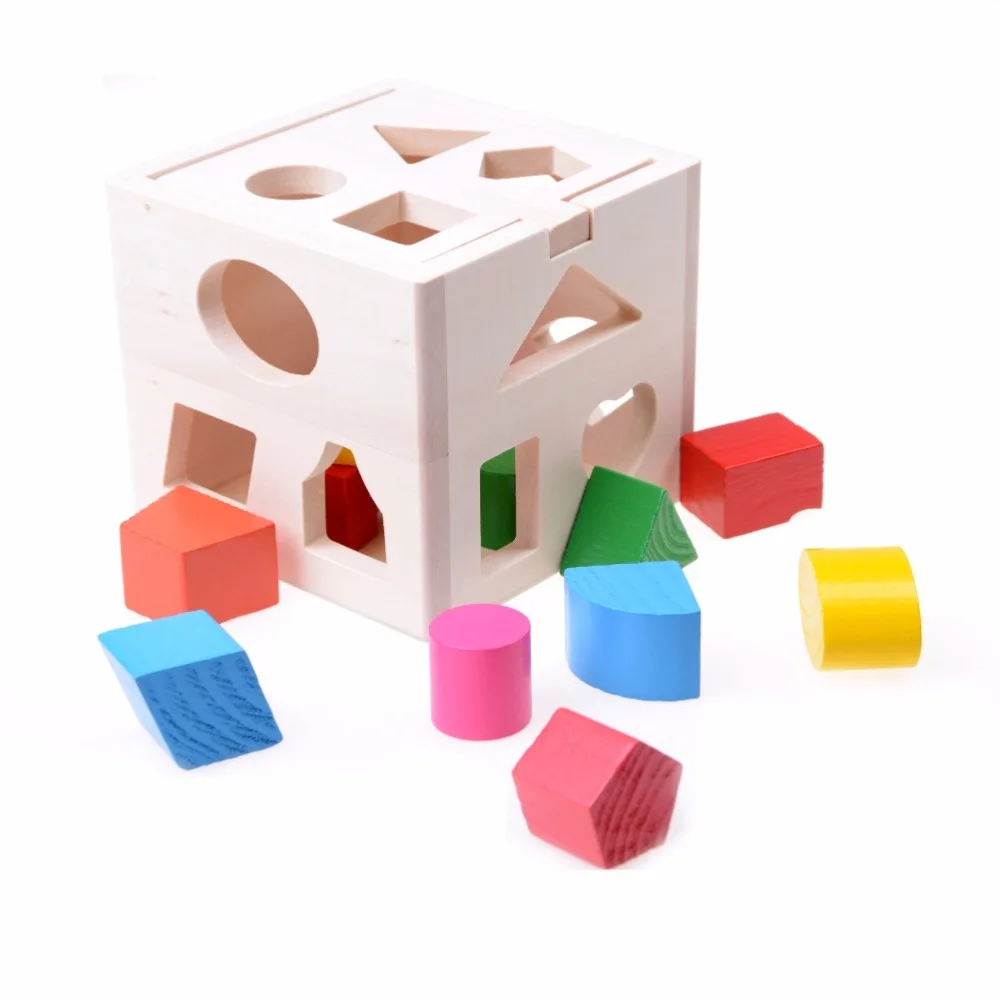 1PC Baby Block Match Shape 13 Holes Learning Educational Wood Toys Geometry Shape Intelligence Box Child Early Learning