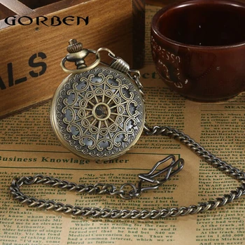 

GORBEN Brand Vintage Hollow Mechanical Steampunk Roman Numbers Dial Pocket Watches Hand-winding Necklace Chain Mens Gift