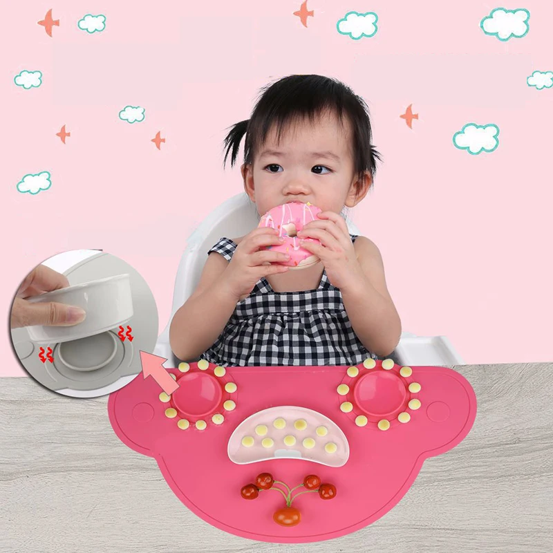Qshare Baby Silicone Plate Sucker Anti-slip Kids Placemat Waterproof Snack Mat Food Pocket Child Dinner Plate Tableware Set