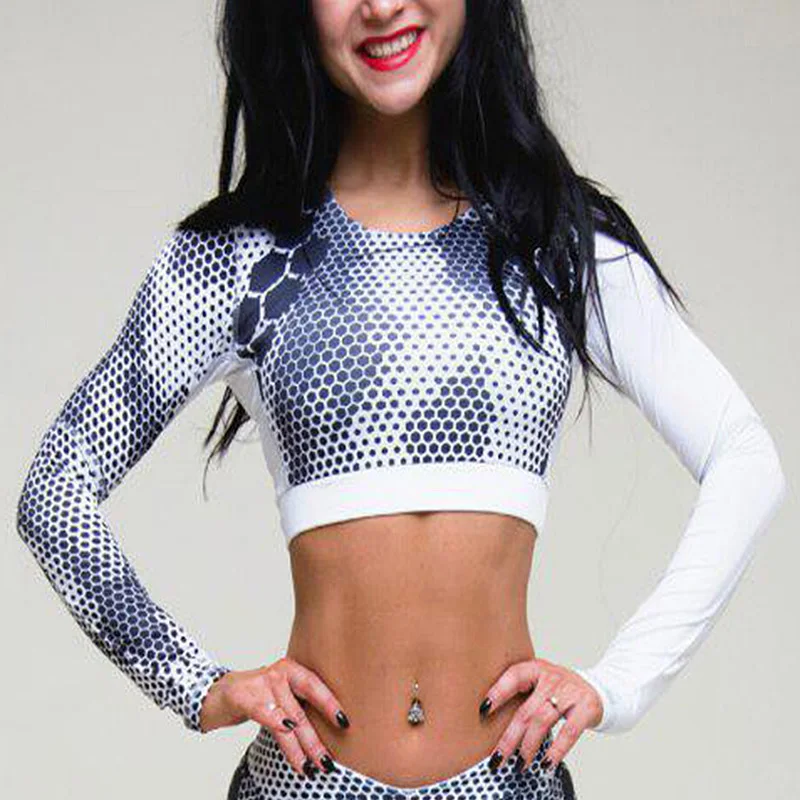 BONJEAN Women Fitness Tracksuit Workout Sport Yoga Running Dot Printing Crop Tops Blouse long sleeve Tee Shirt | Спорт и развлечения