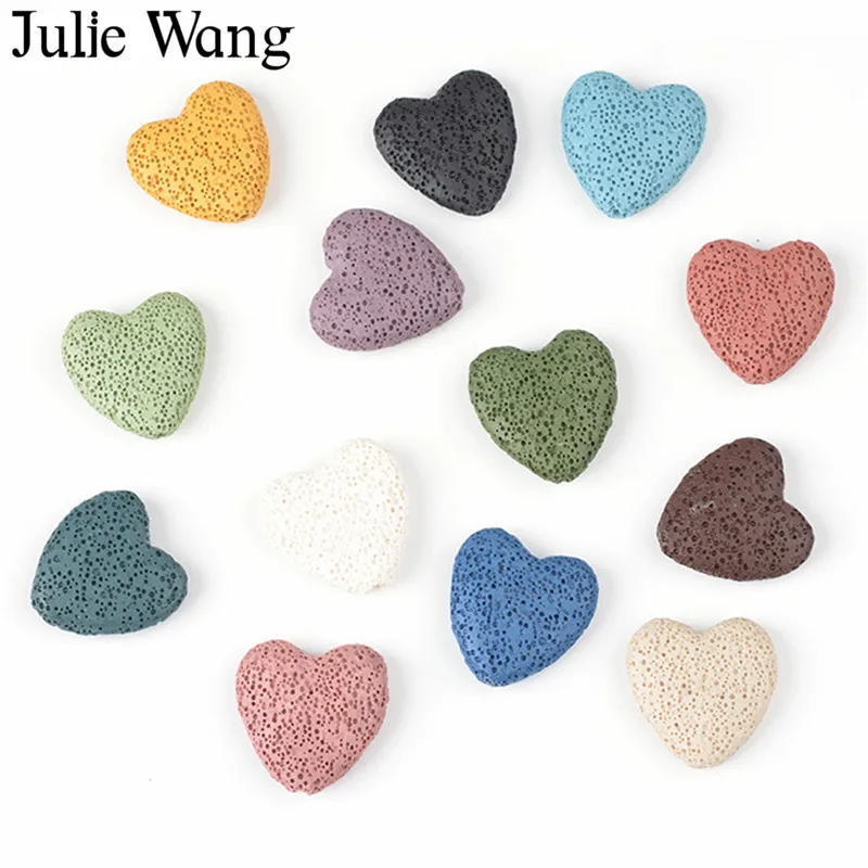 

Julie Wang 19PCS Multi-colored Heart Shape Natural Lava Rock Stone Beads For Essential Oil Diffuser Pendants Jewelry Necklace