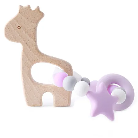 Let's Make детский Прорезыватель 1 шт. браслет пищевой Жираф бук дерево Прорезыватель Милая звезда BPA Бесплатно Силиконовые бусы для прорезывания зубов игрушки подарки - Цвет: purple giraffe