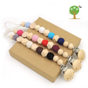3 pcs geometric wooden crochet beads 15mm pacifier clip dummy holder natural color silk cord baby gift NT162