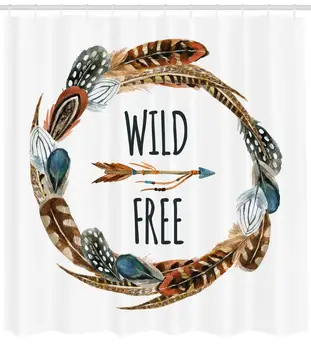 

Feather Shower Curtain, Watercolor Wreath Bird Feathers Circle with an Arrow Wild and Free Concept, Fabric Bathroom Decor Set