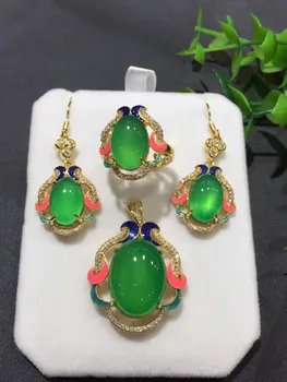 

Natural agate chalcedony three-piece set 925 silver mosaic cloisonne enamel flower fresh and elegant temperament set suit female