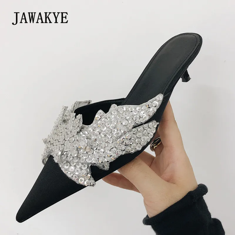

2018 Chic Luxury Silk Slippers Woman Pointed Toe Rhinestone Bling Sequined Flower Decor Low Heel Shoes Woman Gladiator Sandals
