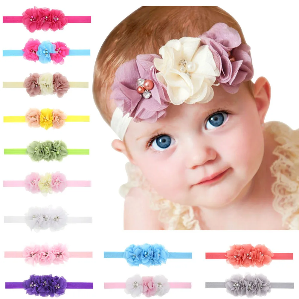 

1PC Newborn Baby Headband 3 Flower Chiffon Pearl Rhinestone Headbands Infant Kids Hair Band Children Elastic Hair Accessories
