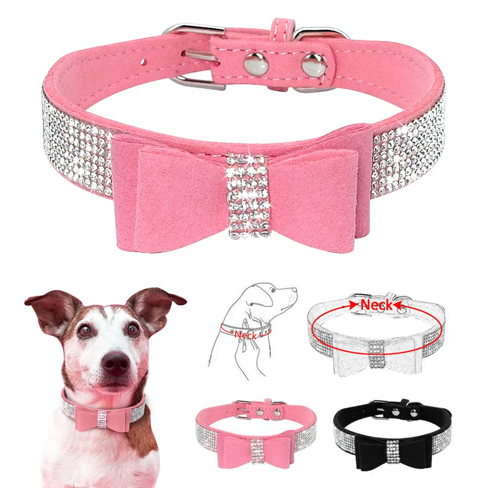 Fashionable Diamond Bow Pet Collar Cute Pet Dog Collar Solid Color