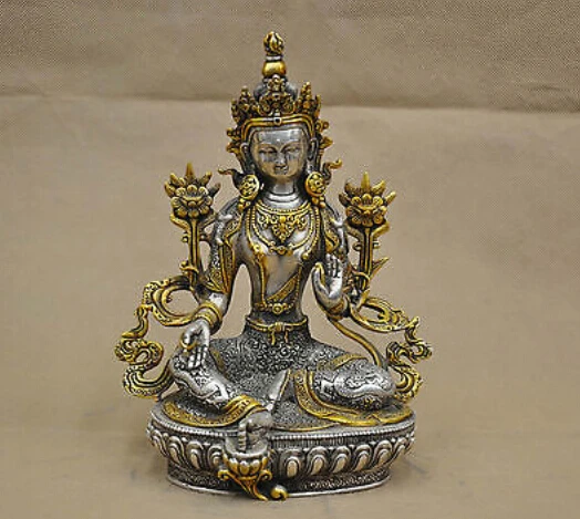 

8'' China Tibet Green Tara Buddha Silver Bronze Statue Carve Dragons decoration bronze factory outlets