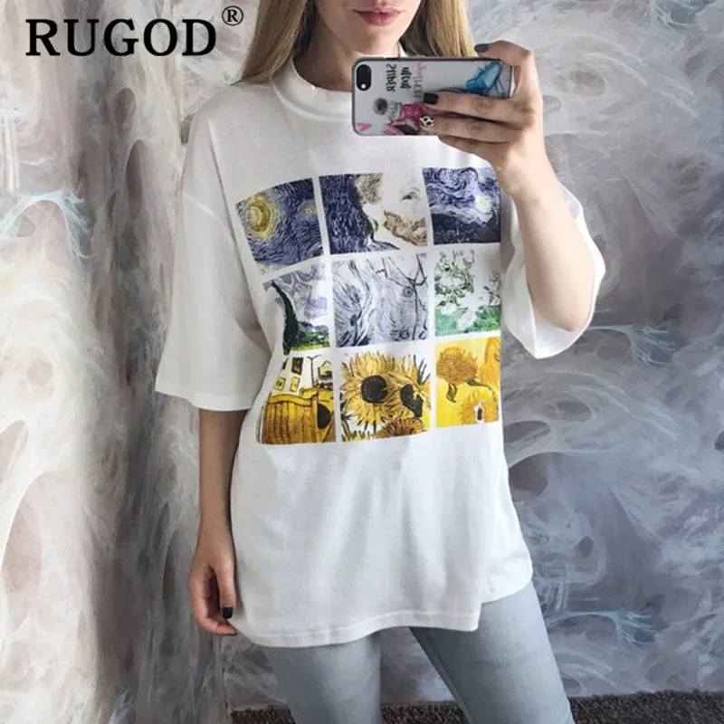 RUGOD/Модная женская футболка с аппликацией короткий рукав принт рисунком
