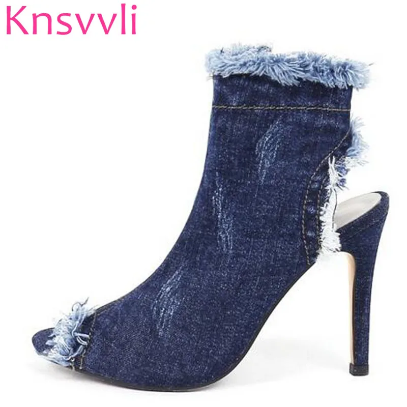 

Spring Autumn Fashion Cowboy Short Ankle Boots Fish Mouth High Heels Slingbacks Female Diem jean Cool Boots
