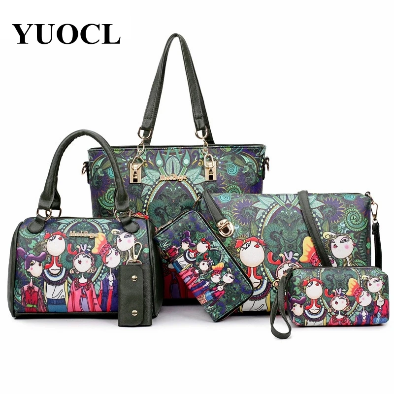 

2018 new European American fashion print six-piece composite bag pu leather handbag shoulder crossbody tote bag bolsa feminina