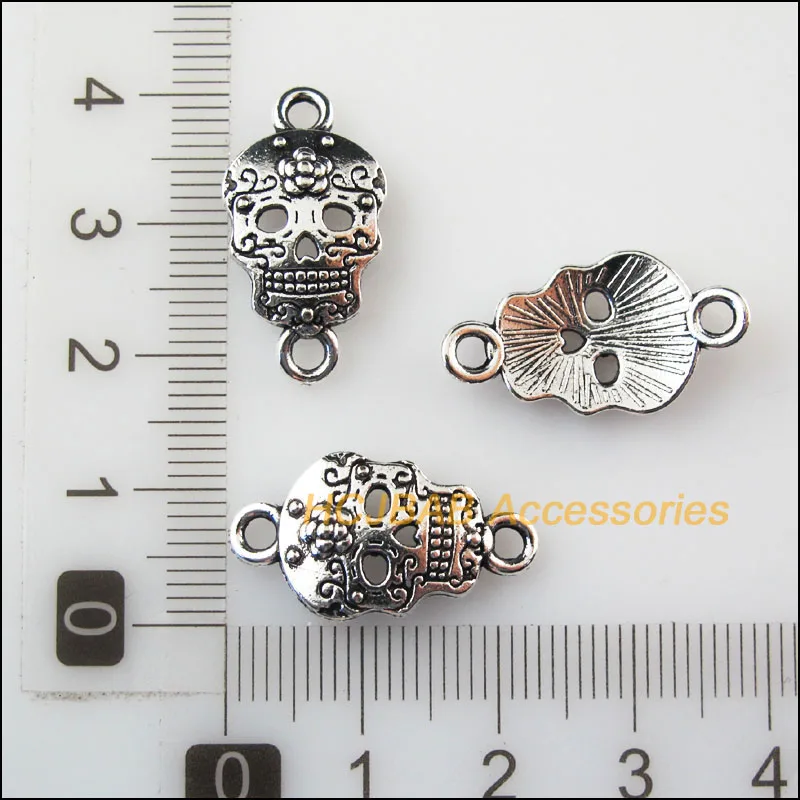 티베트 실버 컬러 꽃 해골 참 펜던트 커넥터, 12.5x23mm, 18 개