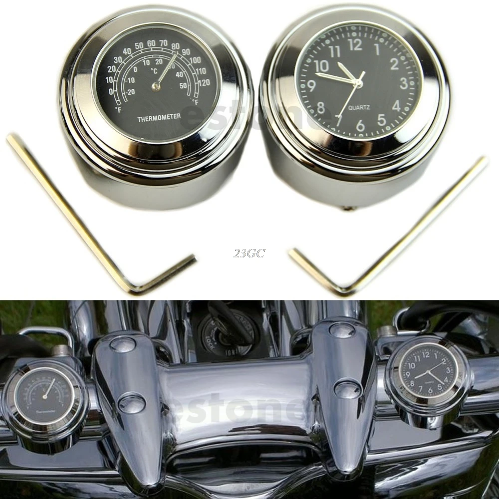 

Black 7/8'' 1'' Motorcycle Chrome Handlebar Themometer & Dials Clock Combo J24