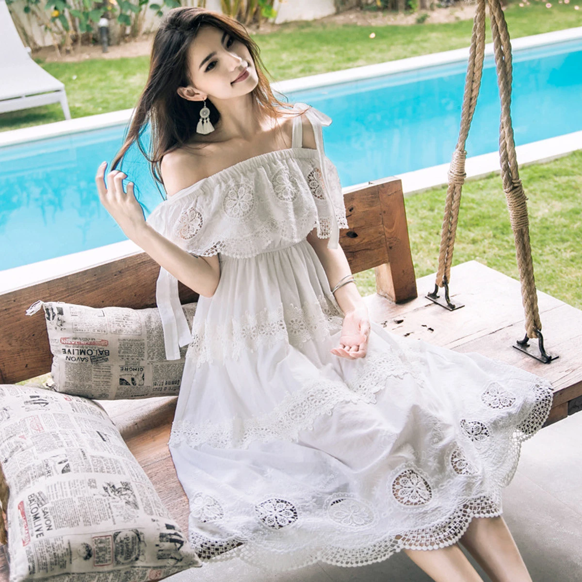 

Jastie Sexy Off the Shoulder Midi Dress 2018 Summer Women Dresses Crochet Lace Embroidered Dress Bohemian Seaside Holiday Dress