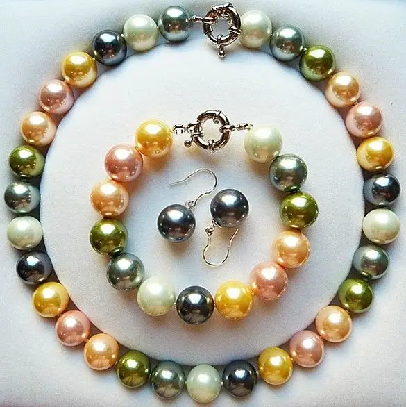 

nice set of 14mm colorful shell pearl necklace bracelet & earrings (D)