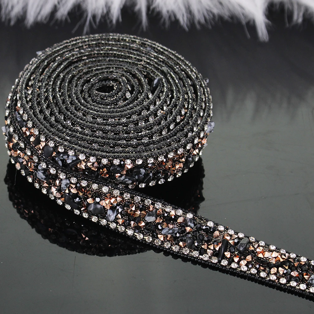 

2yard Black Hotfix Rhinestones Trim Chain White Crystal Iron on Applique Trimming Sticker Craft Sewing Accessories
