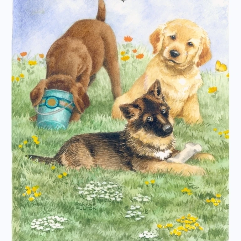 Three Puppies in Field of Flowers Poster Print by Parker Fulton (24 x 30)