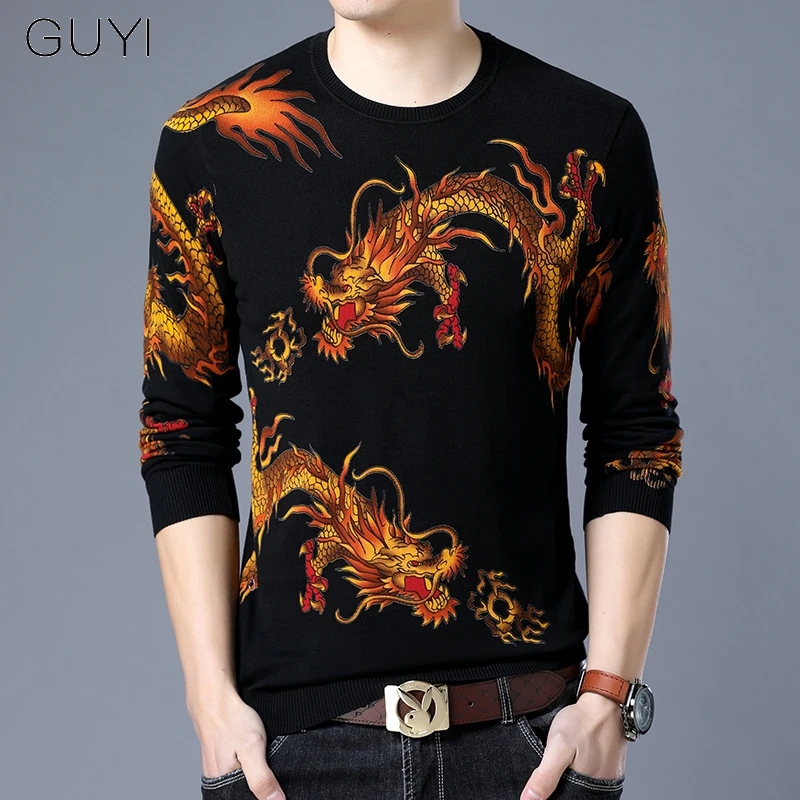 

GUYI Black Dragon Pattern Knitted Sweaters Men Gold O-neck Animal Pullovers Male Casual Chinese Style Auturn Winter Jumpers
