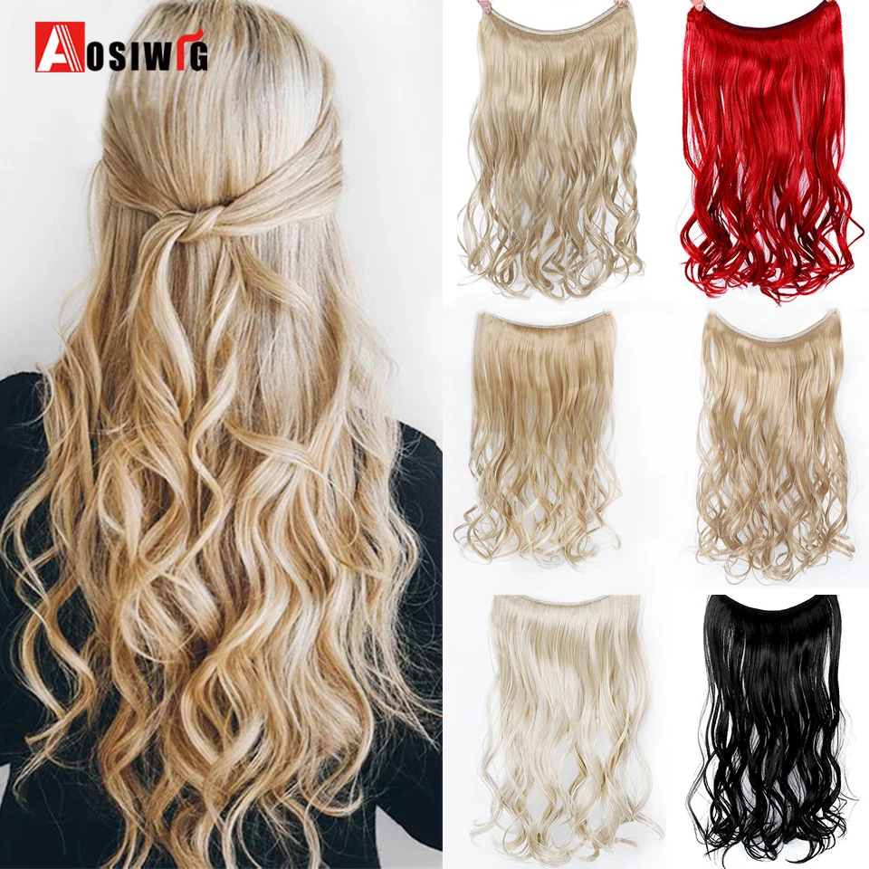 22 inches Women Fish Line Hair Extensions Heat Resistant Synthetic Invisible Wire No Clips Long Curly Hairpiece AOSIWIG