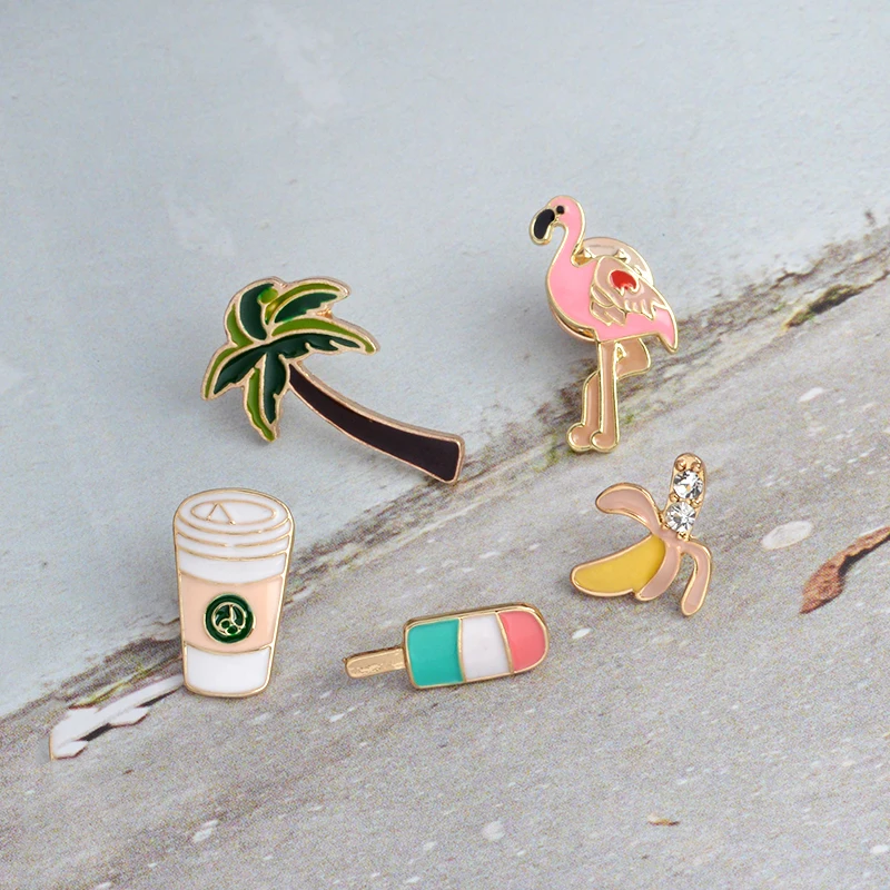 

Flamingo Coconut Palm Trees Popsicle Ice Cream Banana Coffee Brooch Button Pins Jacket Collar Pin Badge Jewelry