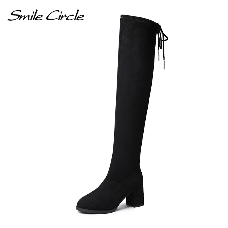 

Smile Circle Sheep suede over the knee boots for Women Low heel thigh high long boots 2018 Autumn Elasticity Women Shoes Black