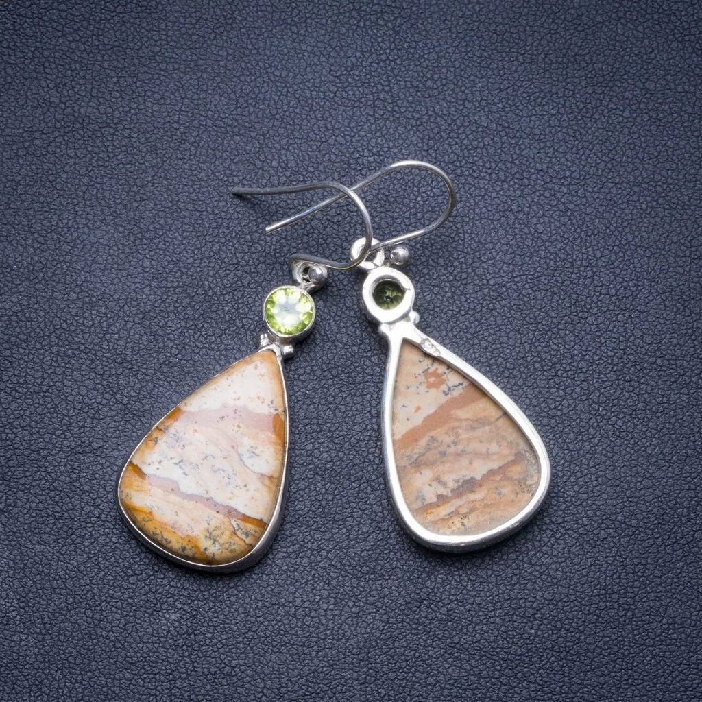 Natural Picture Jasper and Peridot Handmade Unique 925 Sterling Silver Earrings 2" X4373
