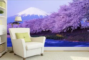 

3d wallpaper custom photo non-woven mural Wall sticker Purple cherry blossoms in Mt Fuji painting 3d wall room murals wallpaper