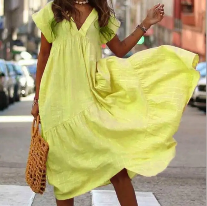 Сексуальное мешковатое платье с v-образным вырезом и коротким рукавом, женское однотонное длинное летнее женское повседневное Плиссированное пляжное платье размера плюс - Цвет: Цвет: желтый