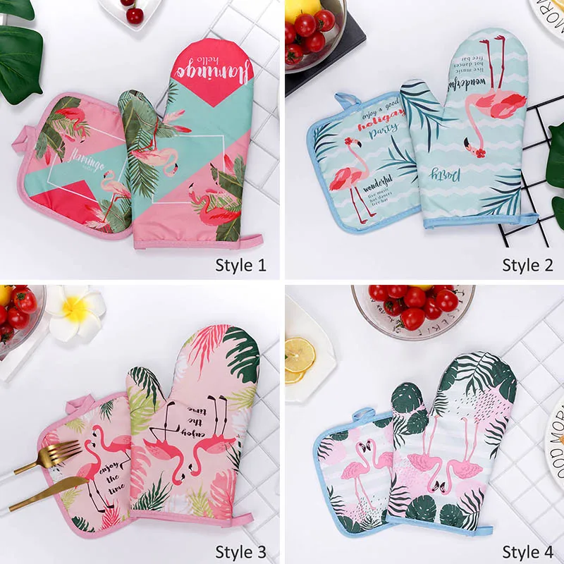 Baking Pad Kitchen Accessories Anti-hot Flamingo Pattern Baking Gloves Heat Resistant 2Pcs Microwave Insulation Mat Portable