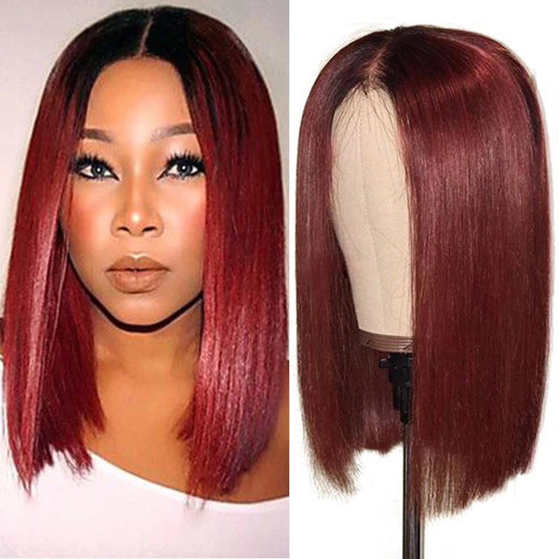 Remyblue Short Bob Red Straight 13X4 Lace Front Human Hair Wig Pre Plucked Hairline Peruvian Remy Burgundy Wig With Baby Hair