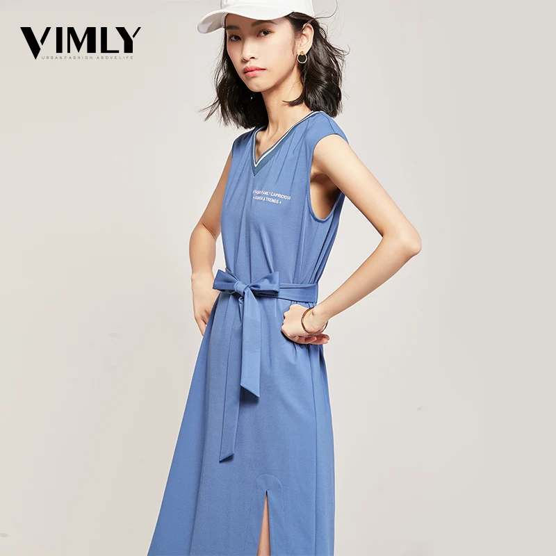 

Vimly Casual Summer V Neck Sleeveless Dress Blue Sport Style Female Dresses Elastic Waist Letter Embroidery A Line Street Wear