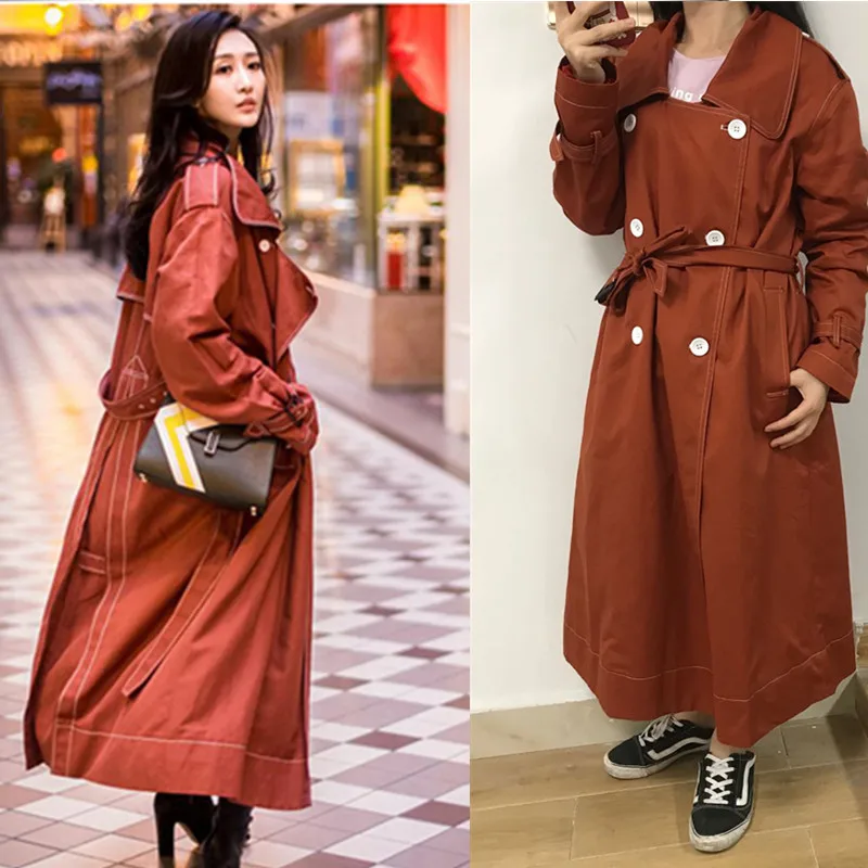 

Coral Color Office Ladies Elegant Long Trench Coat High Quality Sashes Double Breasted Windbreaker Outwear coupe-vent TR005