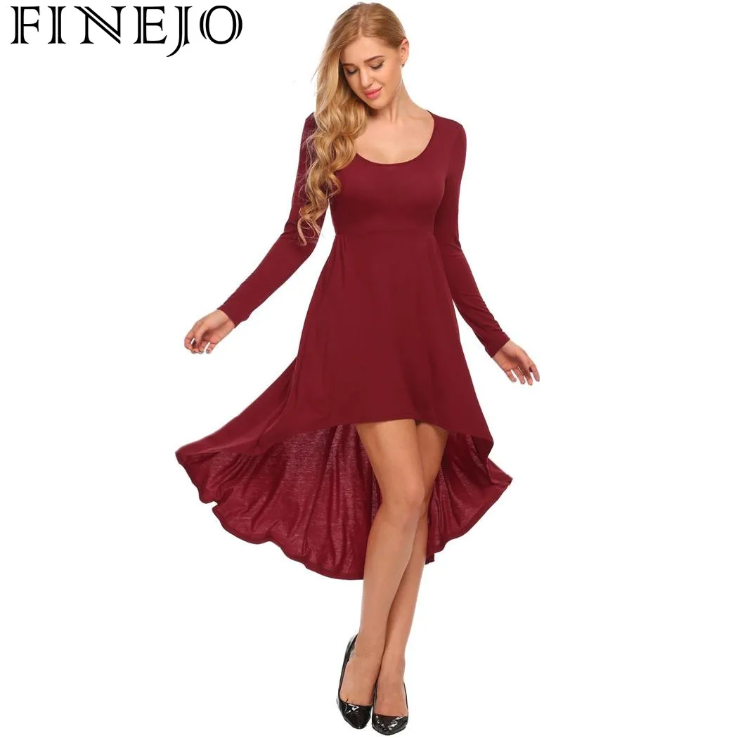 FINEJO Autumn Women Casual Dress O Neck Long Sleeve Asymmetric Solid Back Hollow Parry Dresses