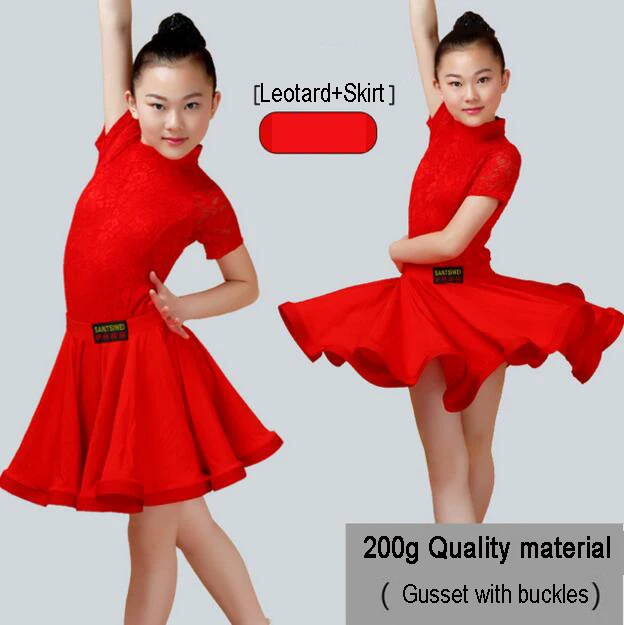 Red Short Sleeve Новинка; юбка для латинских танцев для девочек; юбки для бальных танцев, сальсы, танго; детское кружевное платье с разрезом для латинских танцев; трико и юбка - Цвет: Red Short Sleeve