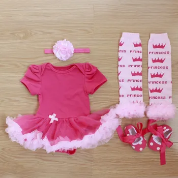 

4PCs per Set Infant Lace Romper Solid Hot Pink Baby Girls Tutu Dress Headband Shoes Leggings for 0-12months Free Shipping