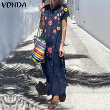Богемное женское винтажное длинное платье с цветочным принтом, лето, VONDA, v-образный вырез, короткий рукав, платье с бахромой, сексуальное Повседневное платье размера плюс