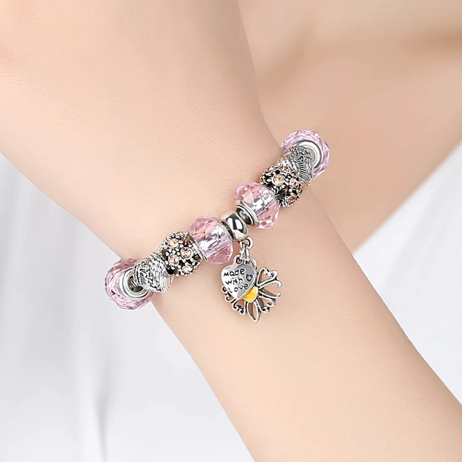ELESHE Flower Pink Murano Glass&Crystal European Charm Beads Fits DIY Style Heart Charms Bracelets for Women
