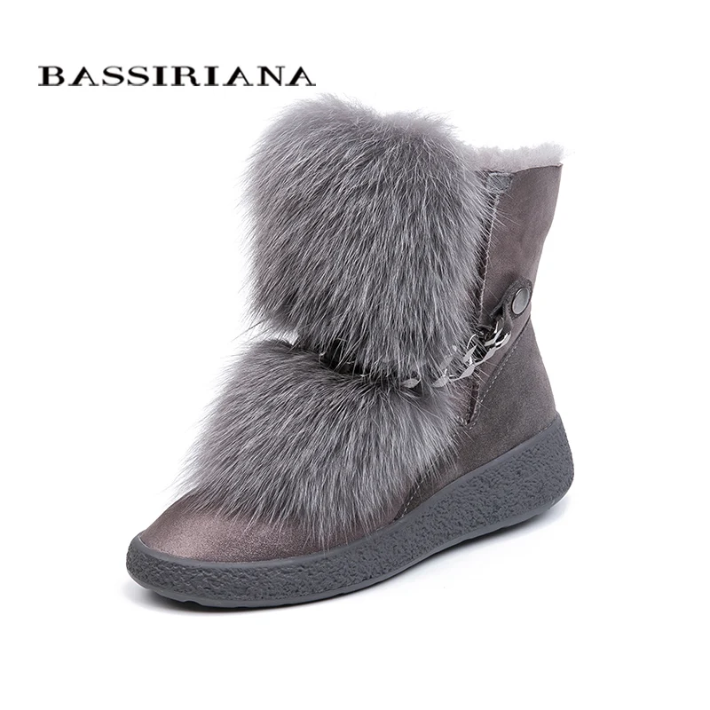 BASSIRIANA new winter gray and black natural fur warm snow boots women's boots round head 35-40 size - Цвет: gray