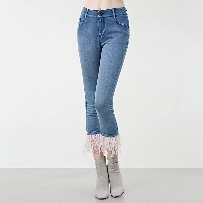 Модные женские европейские и американские джинсовые брюки длиной до щиколотки с перьями, обтягивающие брюки с высокой талией