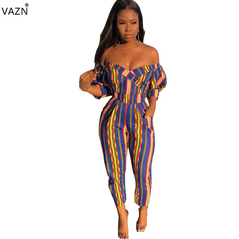 

VAZN 2019 summer women hot sale reduction of age short sleeve card sholder pockets striped loose long pants jumpsuits WYM1935