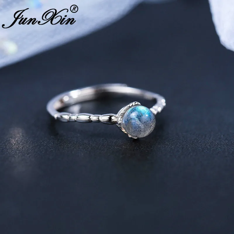 JUNXIN Mystic Moonstone кольца для женщин из стерлингового серебра 925 пробы круглые Кристальные открытые тонкие свадебные кольца женские регулируемые кольца ювелирные изделия