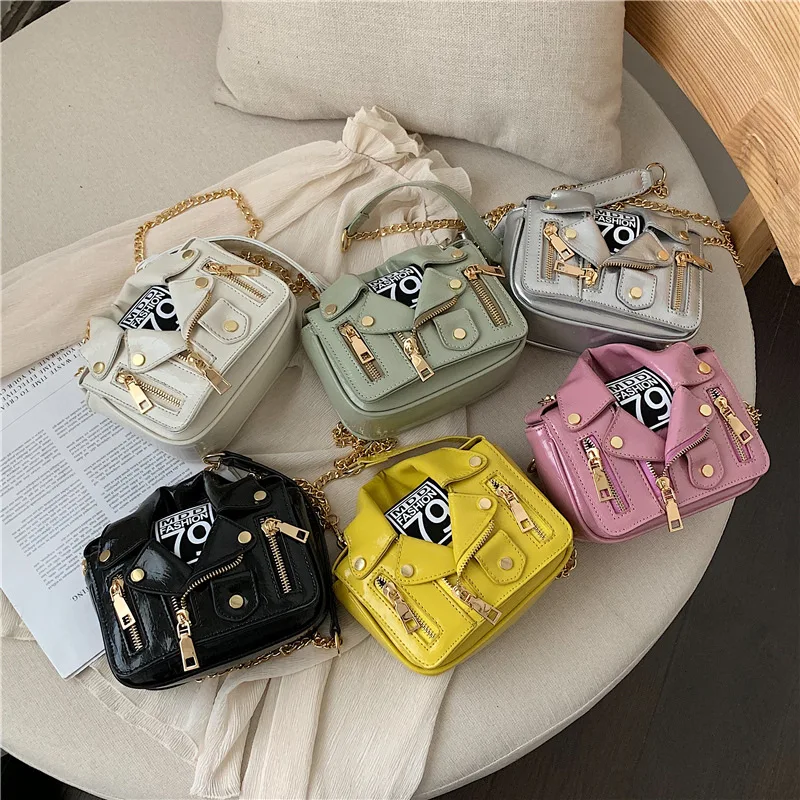 

Personality Luxury Designer Chain Motorcycle Bags Jacket Shape Shoulder Messenger Bag Punk Motobike Style Women Leather Handbags