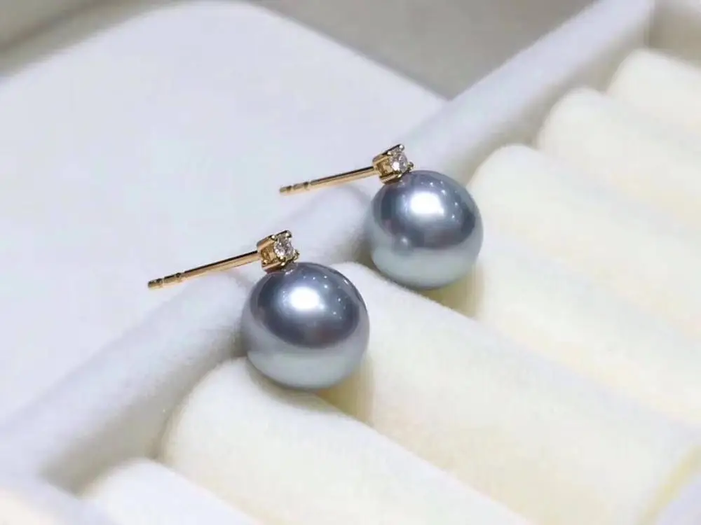 

gorgeous AAA9-10mm round south sea grey pearl earring 18k