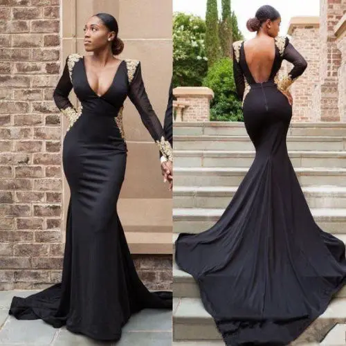 

Black Mermaid African Prom Dresses Gold Lace Appliques Evening Party Formal Gown